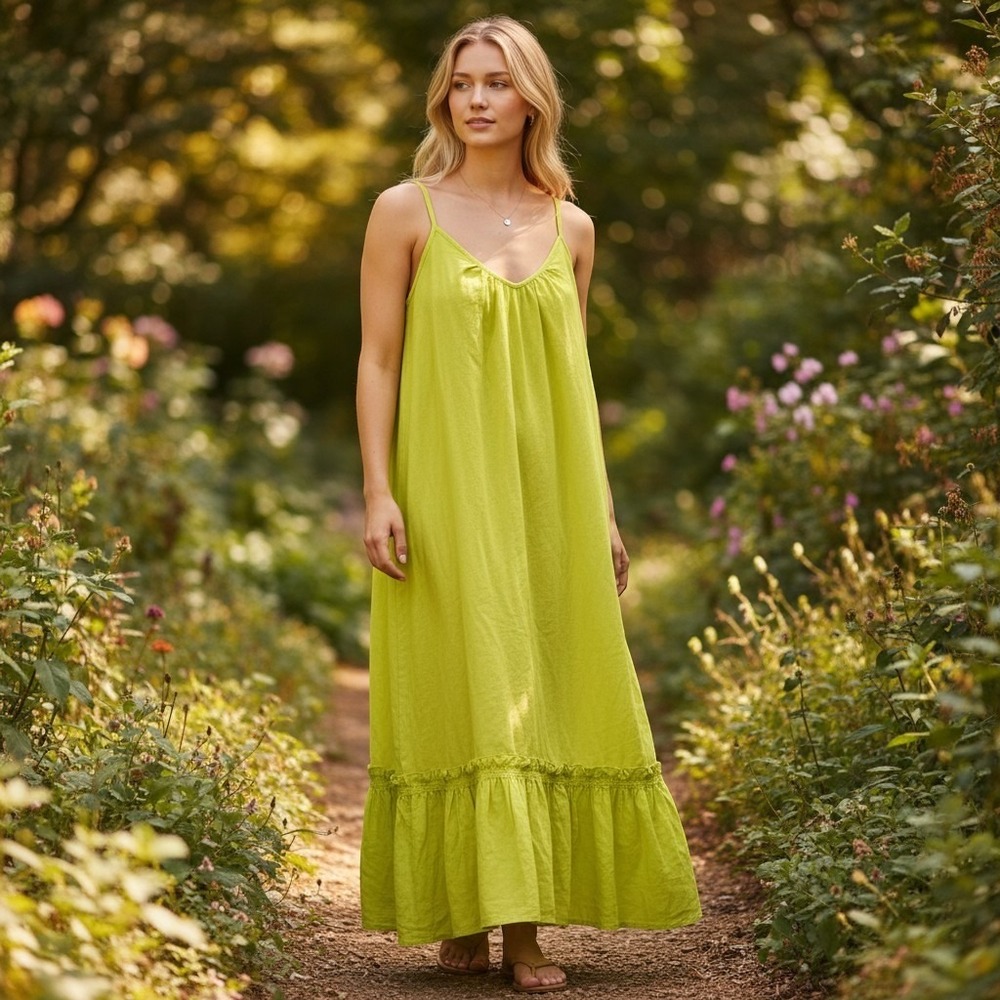1. State linen chartreuse yellow midi summer dress smocked hem scoop M resort